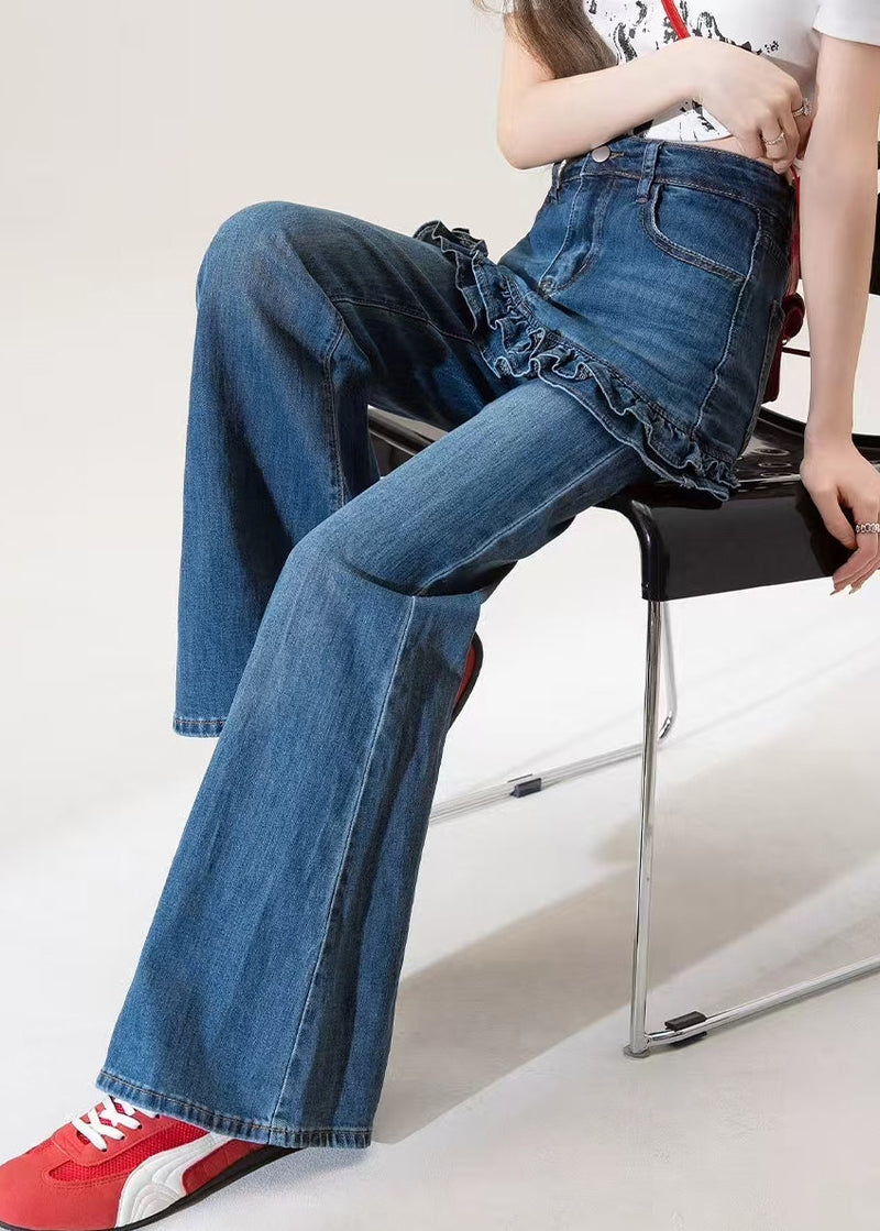 Blue Ruffled Pockets Patchwork Denim Flared Trousers Spring