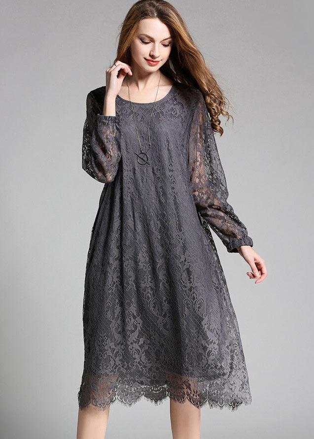Grey Lace Party Dress O-neck Hollow Out Long Sleeve