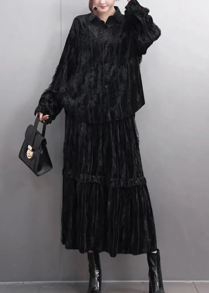Fine Black Ruffled Wrinkled Shirt and Maxi Skirts Two Pieces Set Spring