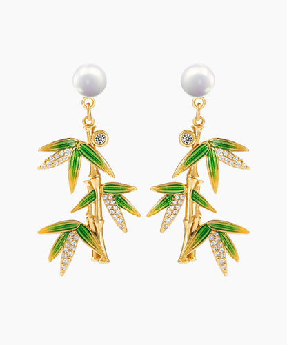 Green Overgild Zircon Pearl Bamboo Drop Earrings