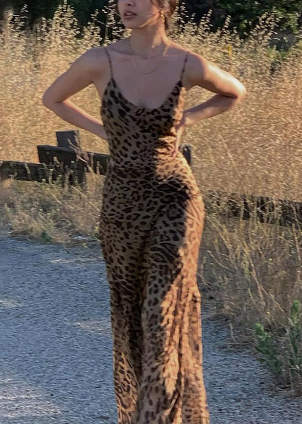 Leopard V Neck Maxi Spaghetti Strap Dresses Sleeveless