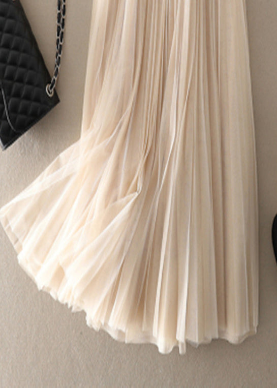 Style Apricot Wrinkled Patchwork Tulle Pleated Skirt Spring