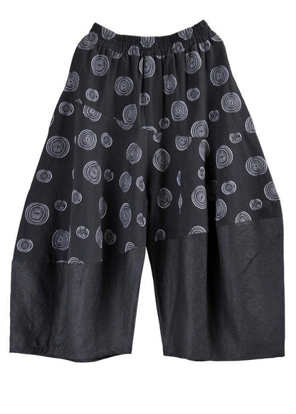 Stylish Black Print Asymmetrical Design Cotton Linen Wide Leg Pants Summer