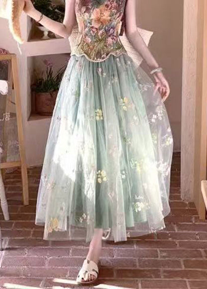 New Green Print Spaghetti Strap Tank and Tulle Skirts Two Pieces Set Sleeveless