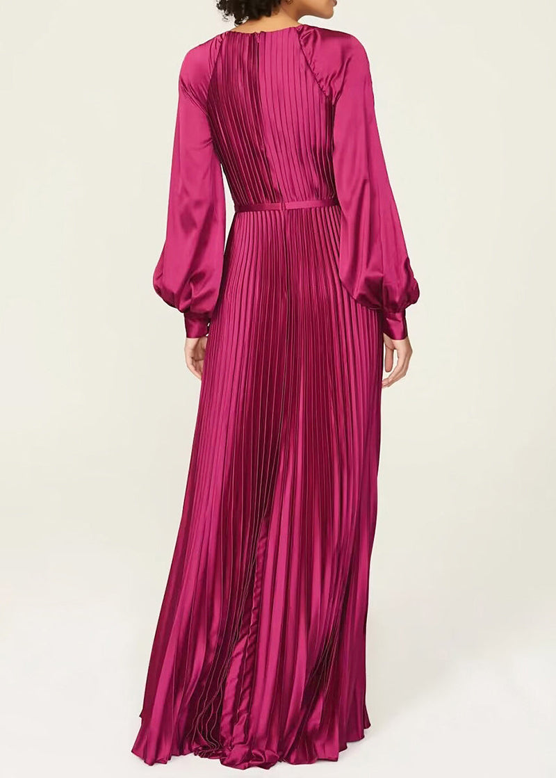 Wine Red O Neck Wrinkled High Waist Silk Dresses Fall