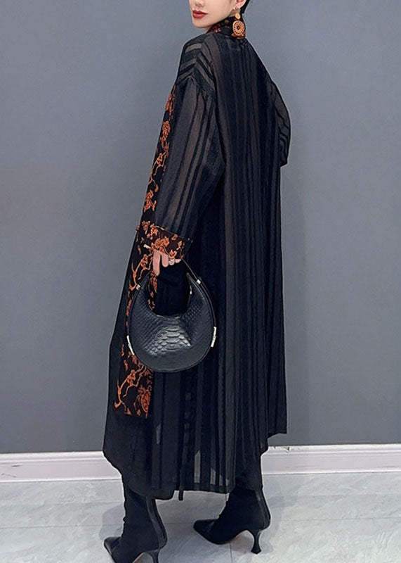 Black Tulle Maxi Cardigans and Print Top Two Pieces Set Fall