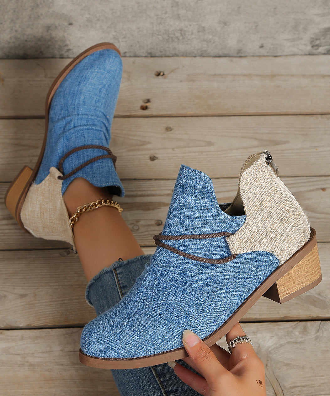 European and American Style Blue Pointed Toe Short Boots