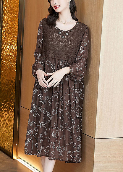 Chocolate Wrinkled Lace Patchwork Chiffon Loose Dresses Long Sleeve