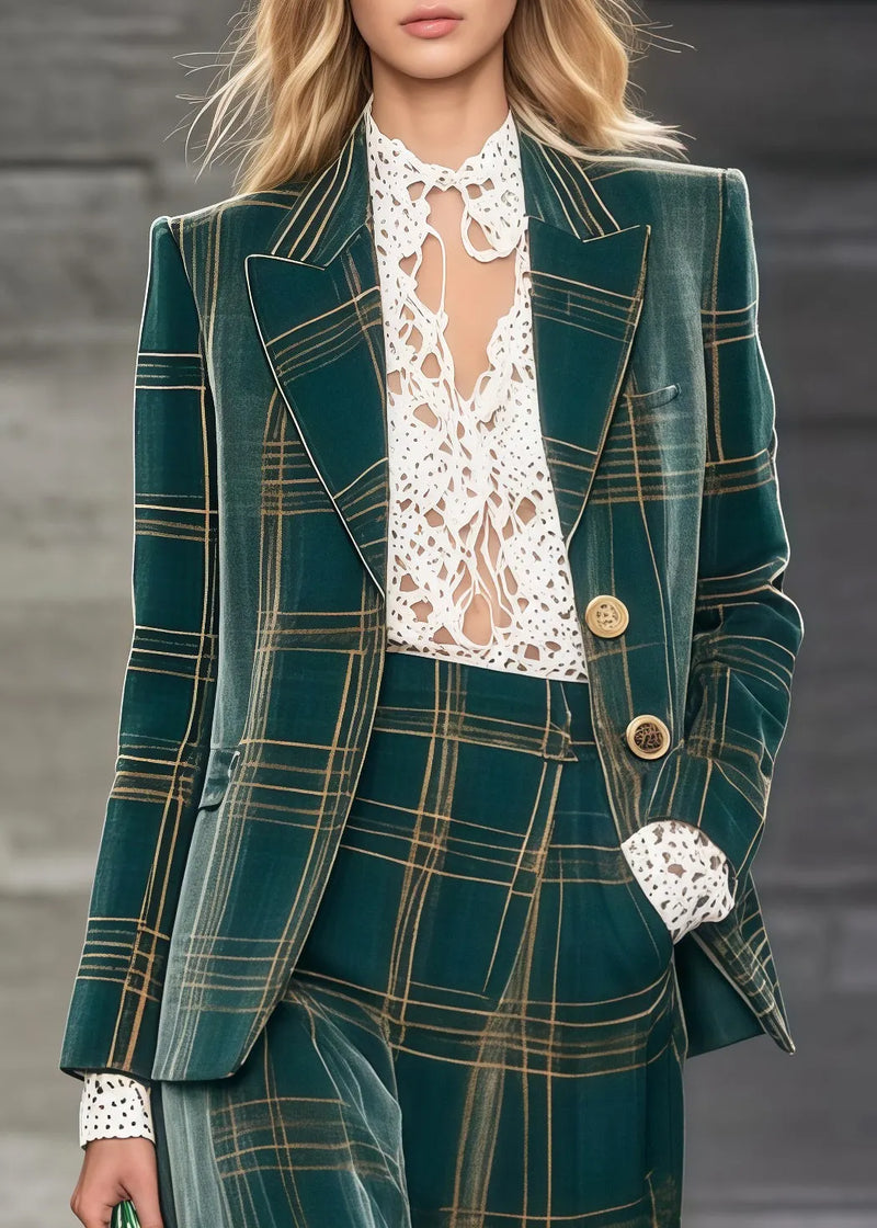 Boutique Green Oversized Plaid Cotton Two Pieces Set Spring