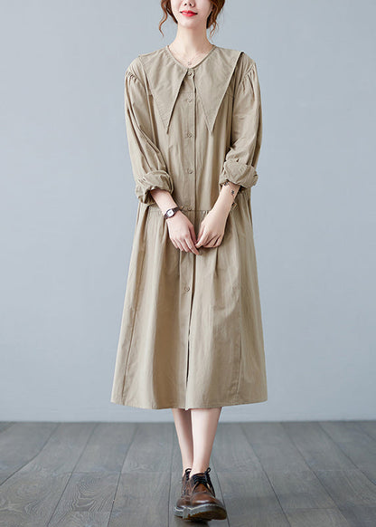 Apricot Sailor Collar Button Wrinkled Long Dress Long Sleeve