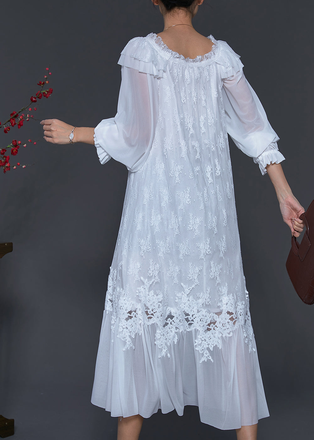 White Embroidered Patchwork Lace Dresses Spring