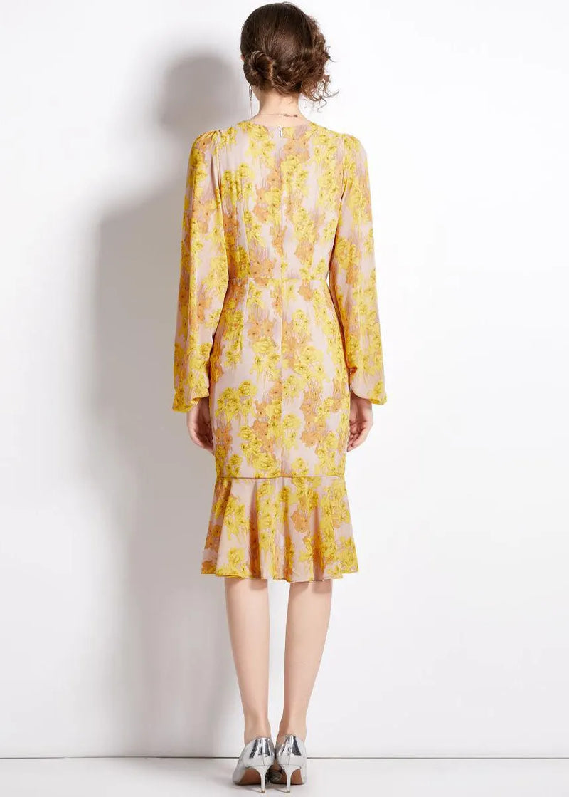 Unique Yellow Cinched Print Chiffon Fishtail Dresses Lantern Sleeve