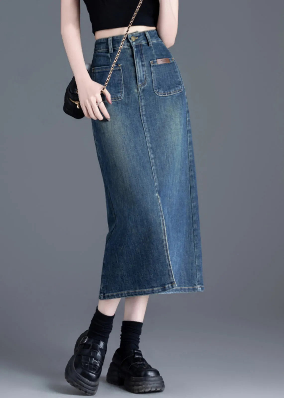 Italian Blue Side Open Silm Fit Denim a Line Skirt Spring