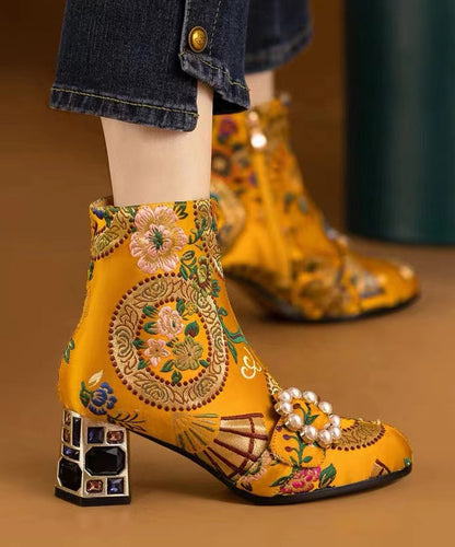 Yellow Embroidery Nail Bead Zircon Chunky Heel Boots