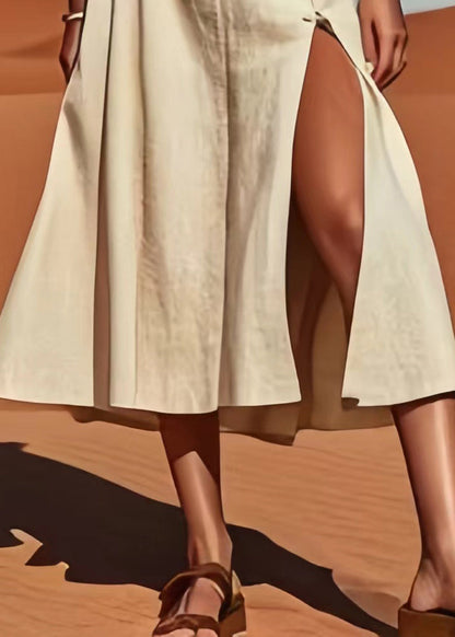 Beige Side Open High Waist Linen Skirt Summer