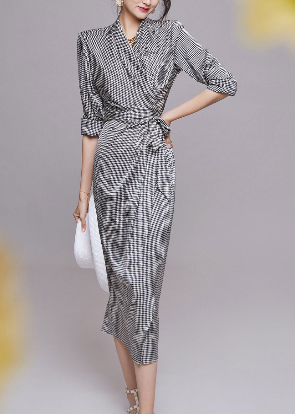 Grey V Neck Plaid Tie Waist Chiffon Dresses Long Sleeve