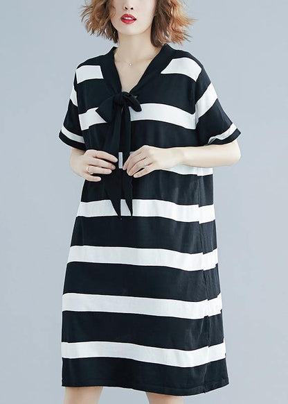 French Black White Wide Striped Cotton Bow Summer Dress