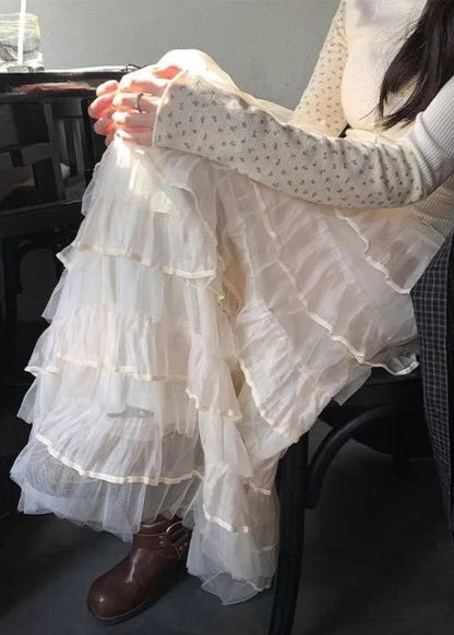 Italian Beige Layered Elastic Waist Tulle Skirts Summer