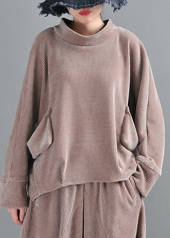 Grey Camel Turtleneck Pockets Velour Top Long Sleeve