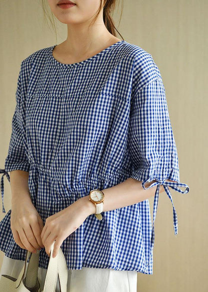 French Blue Plaid Patchwork Drawstring Summer Cotton Half Sleeve Blouse Top