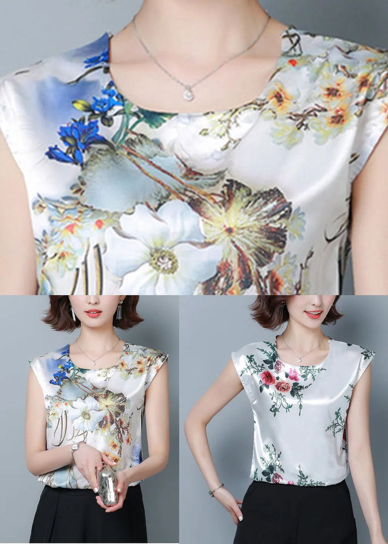 Blue Print Silk Blouse Top O-neck Slim Fit Short Sleeve