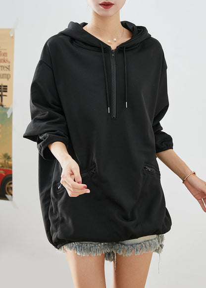 Black Zip Up Hooded Oversized Cotton Sweatshirts Top Fall
