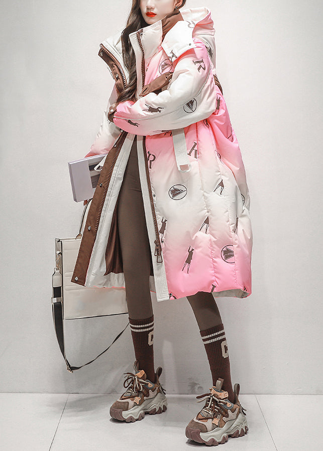 Pink Gradient Color Hooded Zippered Duck Down Long Coats Winter