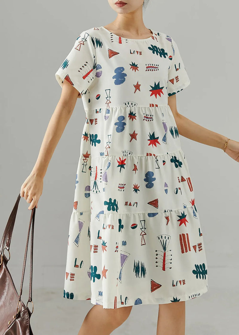 Stylish White O-neck Print Mid Dress Summer