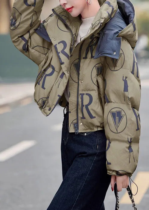 Army Green Print Duck Down Down Coat Hooded Drawstring Winter
