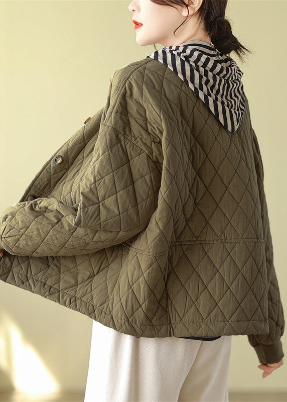 Olive Pockets Button Patchwork Fine Cotton Filled Jacket Winter