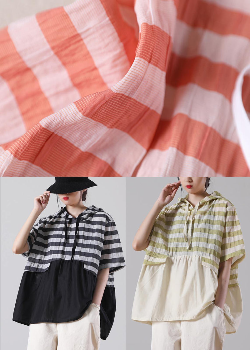 Handmade Yellow Striped Hooded Cotton Linen Summer Shirts