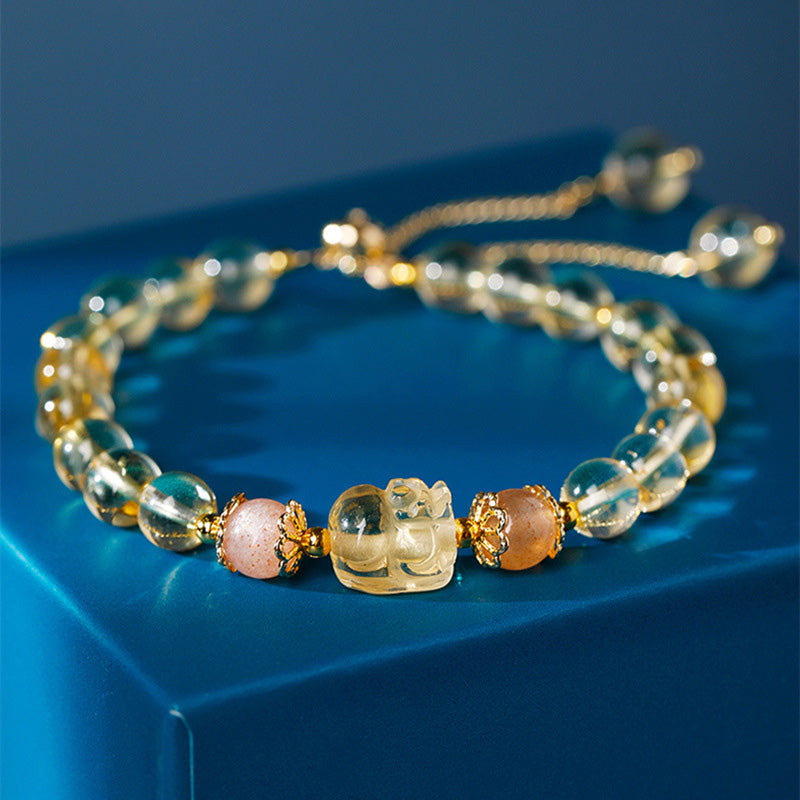 Buddha Stones Aquamarine Strawberry Quartz Amethyst Moonstone Pixiu Healing Bracelet