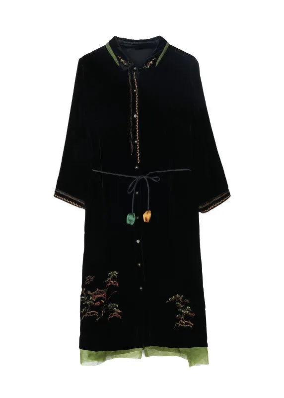 Vogue Black Peter Pan Collar Embroideried Tie Waist Silk Velour Vacation Dresses Fall