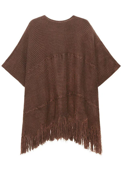 Art Chocolate Tasseled Asymmetrical Design Loose Fall Knit Dress