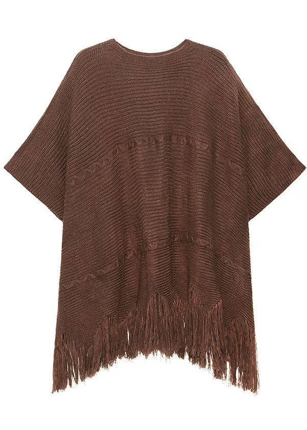 Art Chocolate Tasseled Asymmetrical Design Loose Fall Knit Dress
