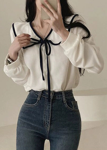 French White Peter Pan Collar Cotton Shirt Long Sleeve