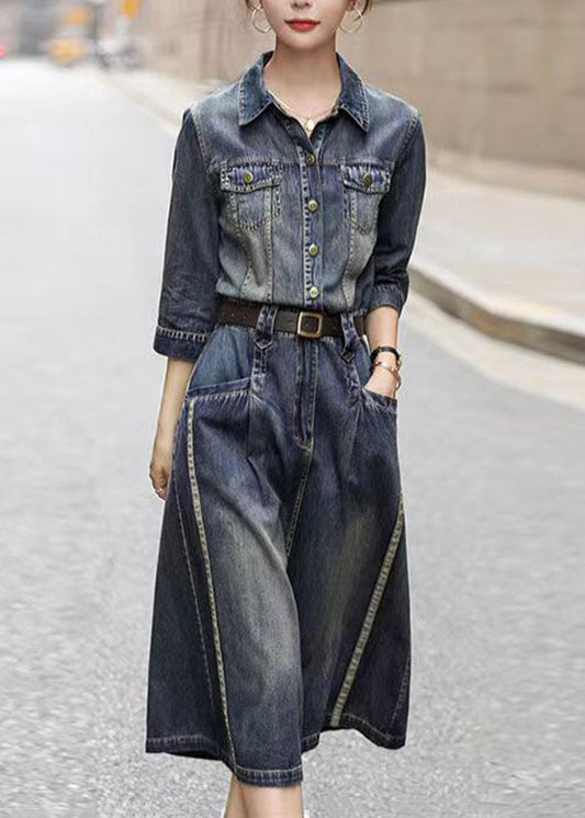 Denim Blue Peter Pan Collar Patchwork Sashes Long Shirts Dresses Fall