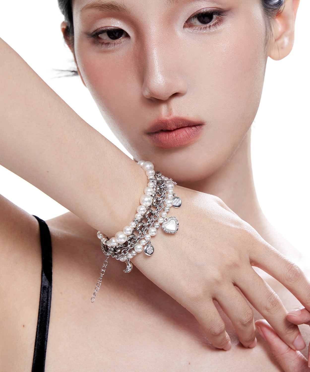 Unique White Pearl Love Heart Pendant Multi Layered Alloy Bracelet