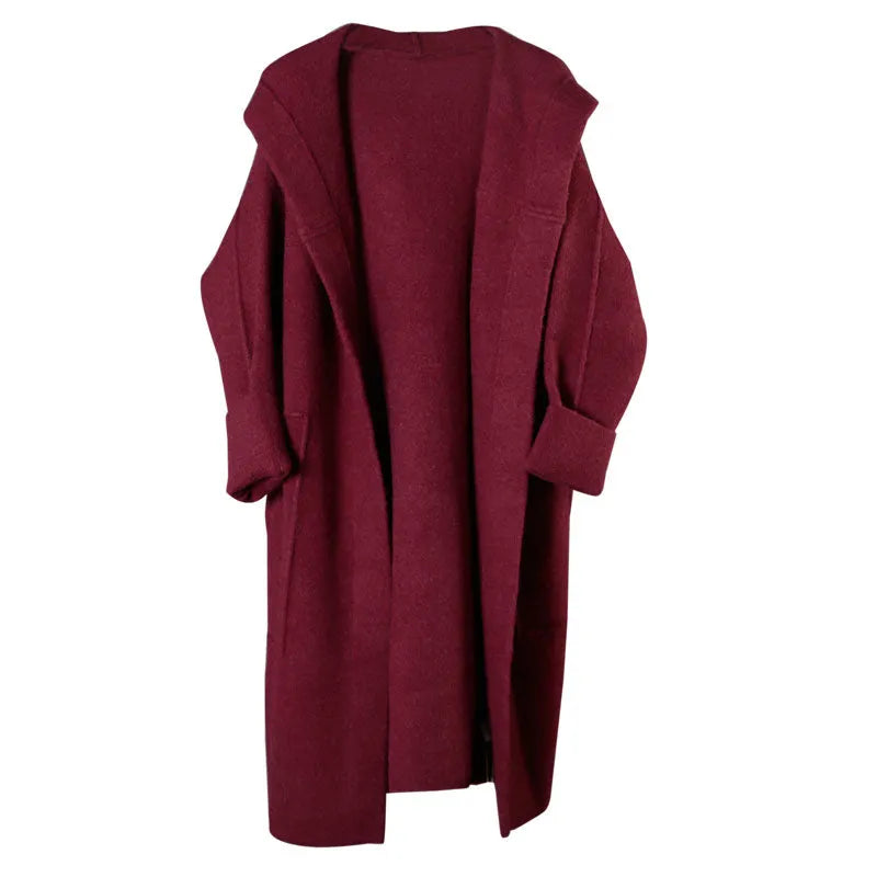 Mulberry Loose Pockets Fall Hooded Long Sleeve Sweaters Coat