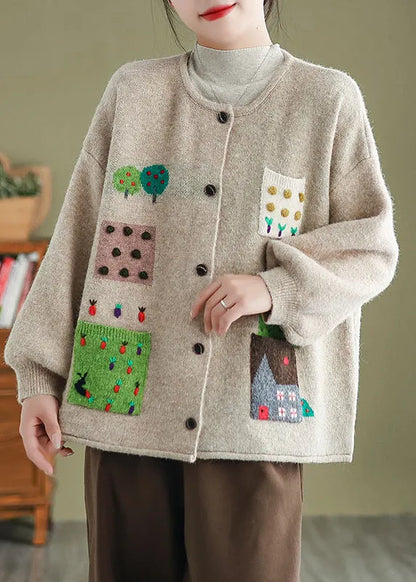 Apricot O Neck Pockets Button Knit Cardigans Coat Fall