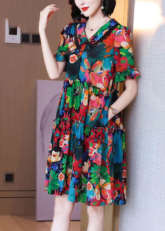 Peter Pan Collar Print Pockets Wrinkled Silk Mid Dresses Short Sleeve