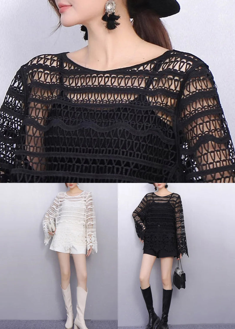 All Black Look Hollow Out Lace T Shirt Fall