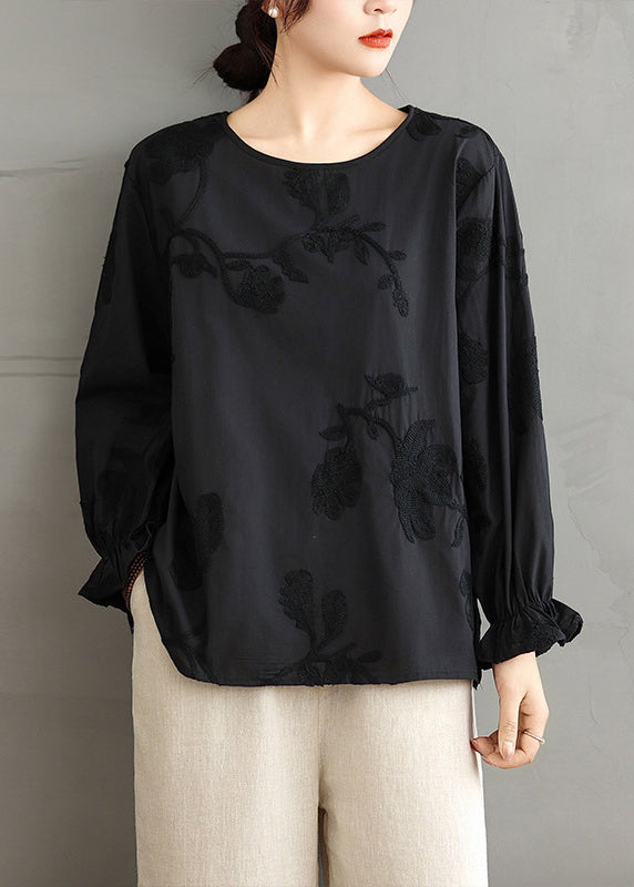 Red O-neck Embroidered Cotton Shirt Top Fall