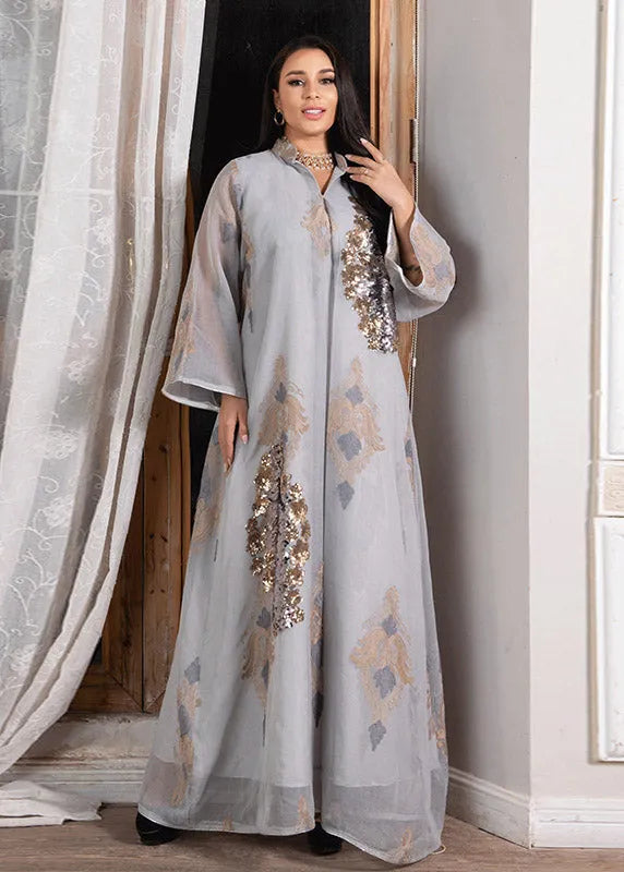 White Stand Collar Embroideried Sequins Tulle Maxi Dresses Long Sleeve Spring