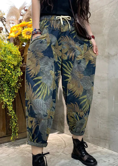 Blue Cinched Print Patchwork Denim Pants Spring
