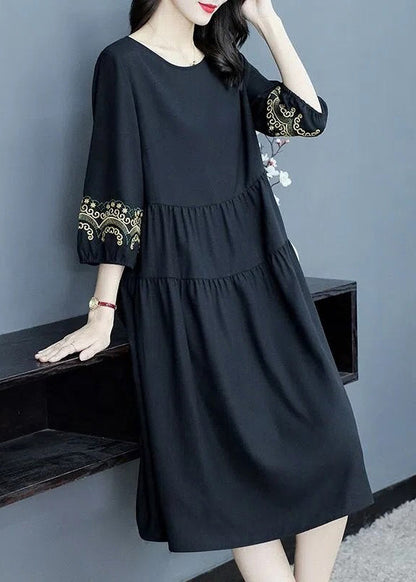 Loose Navy O-neck Embroidered Cotton Dresses Bracelet Sleeve Summer