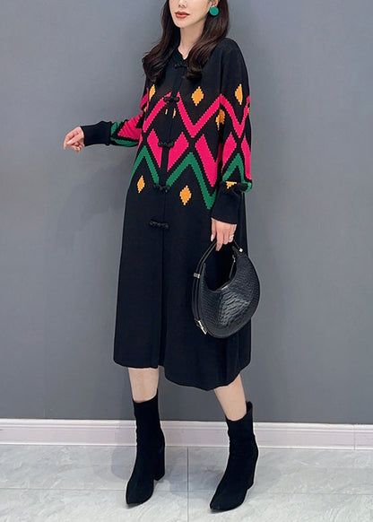 Loose Black O-neck Button Patchwork Knit Dress Fall