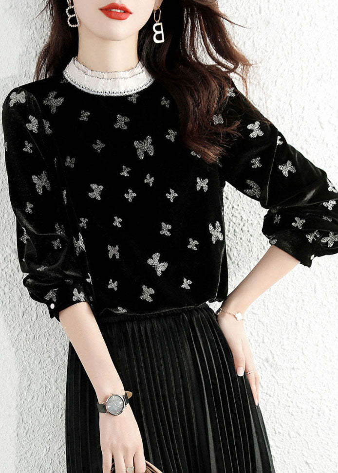 Black Ruffled Butterfly Velour Shirt Top Spring
