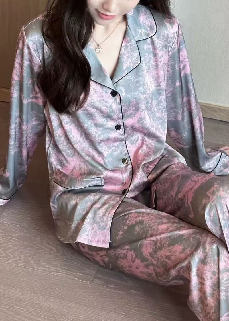 Pink Peter Pan Collar Button Ice Silk Pajamas Two Piece Set Spring