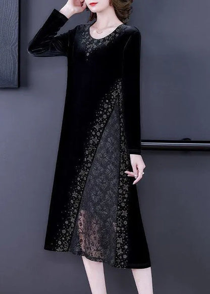 Style Black O-neck Lace Patchwork Hollow Out Silk Velour Dress Spring